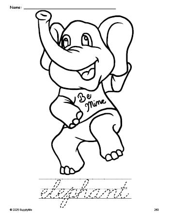 FREE Printable Elephant Valentine's Day Coloring Page and Cursive Word ...