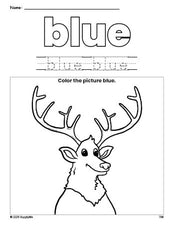 Free elk color blue coloring page and color worksheet, blue worksheet for preschoolers to learn colors, printable PDF