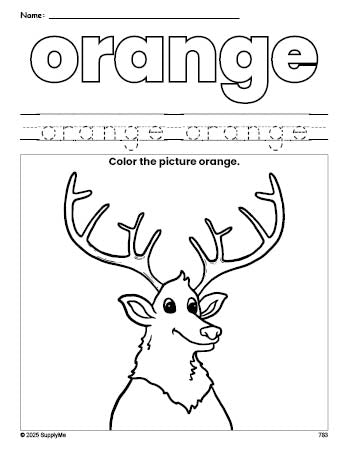 Free elk color orange coloring page and color worksheet, orange worksheet for preschoolers to learn colors, printable PDF