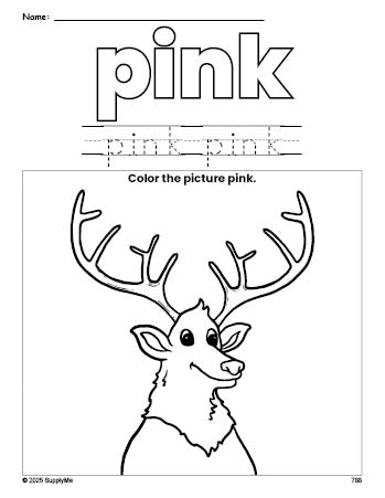 Free elk color pink coloring page and color worksheet, pink worksheet for preschoolers to learn colors, printable PDF