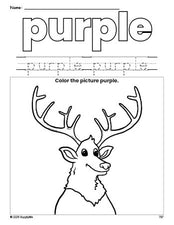 Free elk color purple coloring page and color worksheet, purple worksheet for preschoolers to learn colors, printable PDF