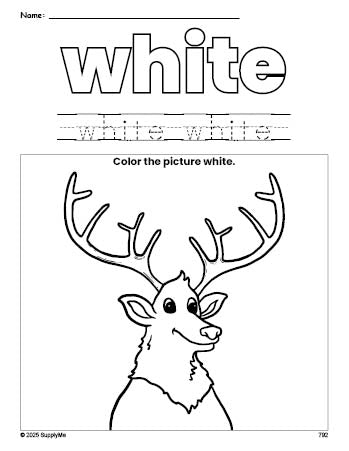 Free elk color white coloring page and color worksheet, white worksheet for preschoolers to learn colors, printable PDF