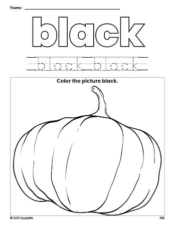 Free fall pumpkin color black coloring page and color worksheet, black worksheet for preschoolers to learn colors, printable PDF