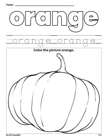 Free fall pumpkin color orange coloring page and color worksheet, orange worksheet for preschoolers to learn colors, printable PDF