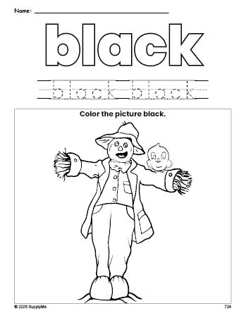 Free fall scarecrow color black coloring page and color worksheet, black worksheet for preschoolers to learn colors, printable PDF