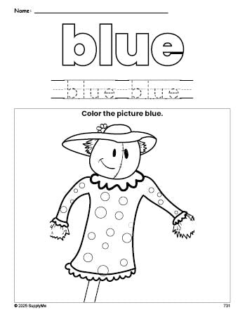 Free fall scarecrow color blue coloring page and color worksheet, blue worksheet for preschoolers to learn colors, printable PDF