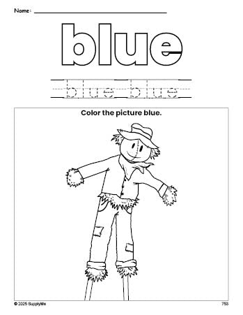 Free fall scarecrow color blue coloring page and color worksheet, blue worksheet for preschoolers to learn colors, printable PDF