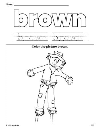 Free fall scarecrow color brown coloring page and color worksheet, brown worksheet for preschoolers to learn colors, printable PDF