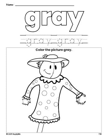 Free fall scarecrow color gray coloring page and color worksheet, gray worksheet for preschoolers to learn colors, printable PDF