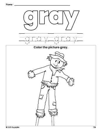 Free fall scarecrow color gray coloring page and color worksheet, gray worksheet for preschoolers to learn colors, printable PDF