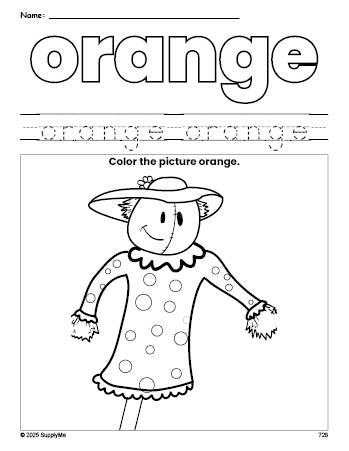 Free fall scarecrow color orange coloring page and color worksheet, orange worksheet for preschoolers to learn colors, printable PDF