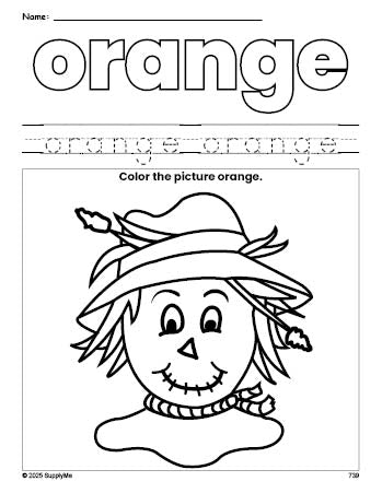Free fall scarecrow color orange coloring page and color worksheet, orange worksheet for preschoolers to learn colors, printable PDF