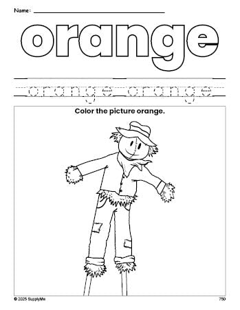 Free fall scarecrow color orange coloring page and color worksheet, orange worksheet for preschoolers to learn colors, printable PDF