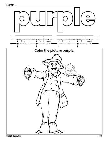 Free fall scarecrow color purple coloring page and color worksheet, purple worksheet for preschoolers to learn colors, printable PDF