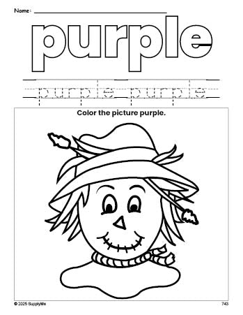 Free fall scarecrow color purple coloring page and color worksheet, purple worksheet for preschoolers to learn colors, printable PDF