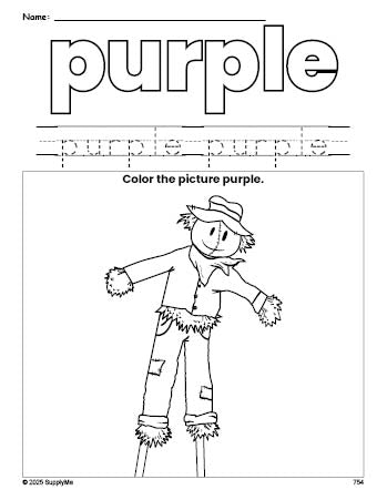 Free fall scarecrow color purple coloring page and color worksheet, purple worksheet for preschoolers to learn colors, printable PDF