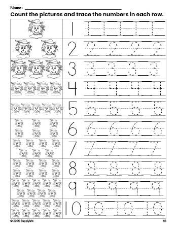 Free printable fall scarecrow counting worksheet for preschool and pre-k with number tracing practice 1-10, PDF