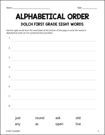 First Grade Sight Words Worksheets - Alphabetical Order, All 41 Dolch 1st Grade Sight Words