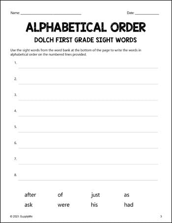 First Grade Sight Words Worksheets - Alphabetical Order, All 41 Dolch 1st Grade Sight Words