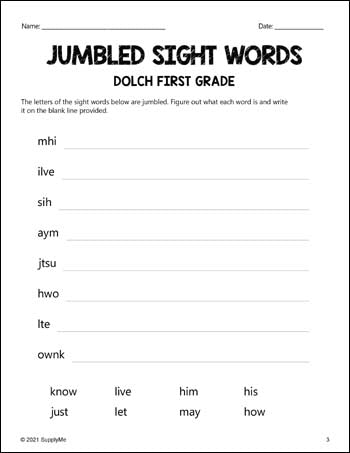 First Grade Sight Words Worksheets - Word Jumbles, All 41 Dolch 1st Grade Sight Words