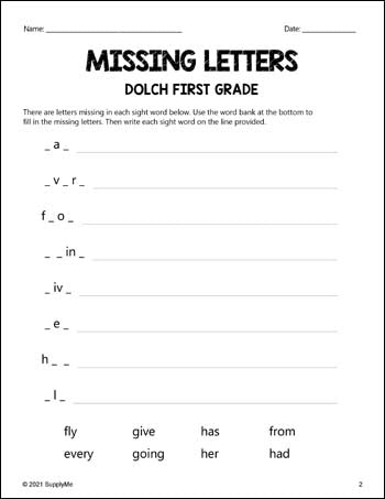 First Grade Sight Words Worksheets - Missing Letters, All 41 Dolch 1st Grade Sight Words