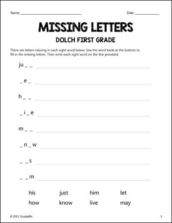 First Grade Sight Words Worksheets - Missing Letters, All 41 Dolch 1st Grade Sight Words