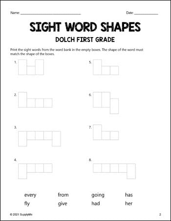 First Grade Sight Words Worksheets - Word Shapes, 3 Variations, All 41 Dolch 1st Grade Sight Words