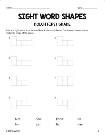 First Grade Sight Words Worksheets - Word Shapes, 3 Variations, All 41 Dolch 1st Grade Sight Words