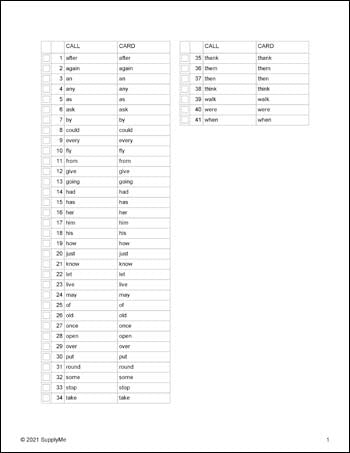 First Grade Sight Words Bingo, All 41 Dolch 1st Grade Sight Words
