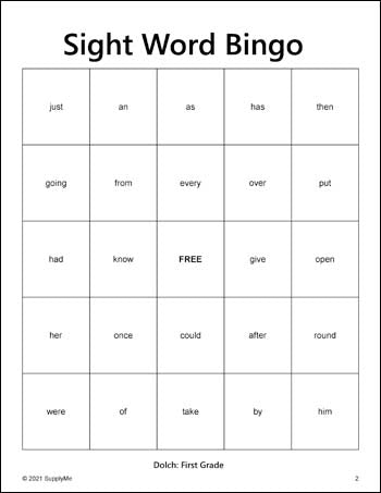First Grade Sight Words Bingo, All 41 Dolch 1st Grade Sight Words