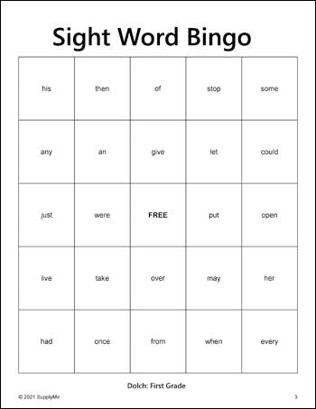 First Grade Sight Words Bingo, All 41 Dolch 1st Grade Sight Words
