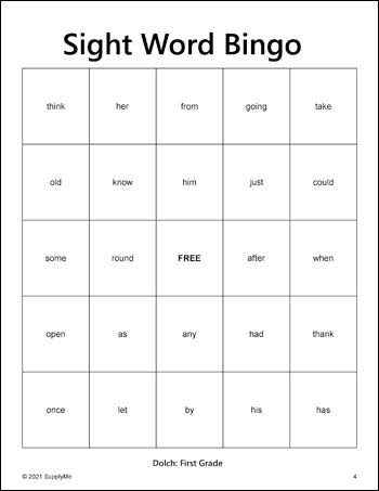 First Grade Sight Words Bingo, All 41 Dolch 1st Grade Sight Words