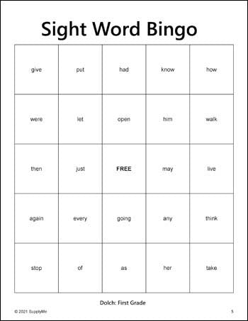First Grade Sight Words Bingo, All 41 Dolch 1st Grade Sight Words