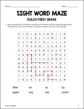 First Grade Sight Words Worksheets - Sight Word Maze, All 41 Dolch 1st Grade Sight Words