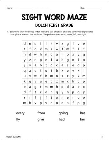 First Grade Sight Words Worksheets - Sight Word Maze, All 41 Dolch 1st Grade Sight Words