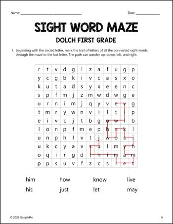 First Grade Sight Words Worksheets - Sight Word Maze, All 41 Dolch 1st Grade Sight Words