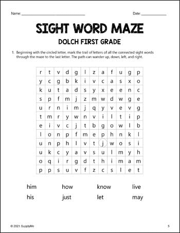 First Grade Sight Words Worksheets - Sight Word Maze, All 41 Dolch 1st Grade Sight Words