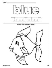 Free fish color blue coloring page and color worksheet, blue worksheet for preschoolers to learn colors, printable PDF