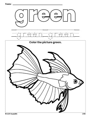 Free fish color green coloring page and color worksheet, green worksheet for preschoolers to learn colors, printable PDF