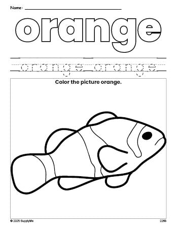 Free fish color orange coloring page and color worksheet, orange worksheet for preschoolers to learn colors, printable PDF