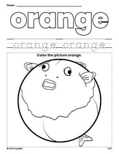 Free fish color orange coloring page and color worksheet, orange worksheet for preschoolers to learn colors, printable PDF