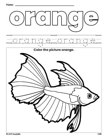 Free fish color orange coloring page and color worksheet, orange worksheet for preschoolers to learn colors, printable PDF
