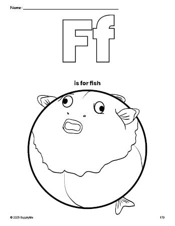 Free printable fish coloring page, letter f coloring page for preschool, pre-k, and kindergarten, PDF
