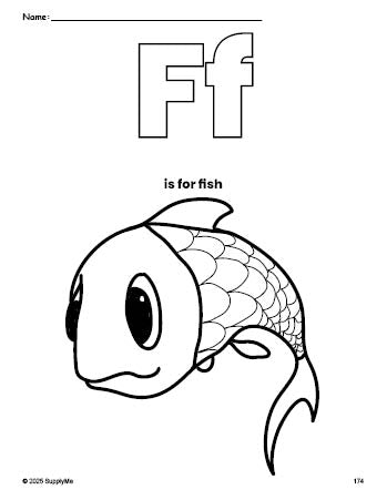 Free printable fish coloring page, letter f coloring page for preschool, pre-k, and kindergarten, PDF