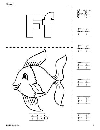 Free printable fish coloring page and letter tracing worksheet, letter f worksheet for preschool, pre-k, and kindergarten, PDF