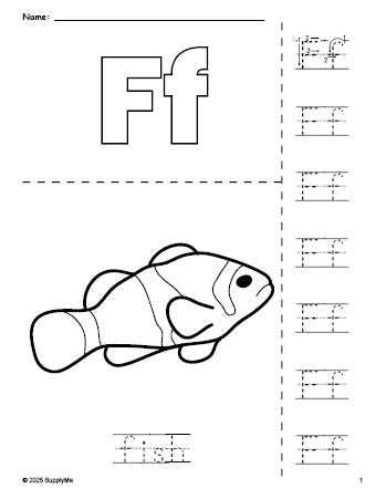 Free printable fish coloring page and letter tracing worksheet, letter f worksheet for preschool, pre-k, and kindergarten, PDF