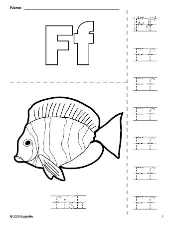 Free printable fish coloring page and letter tracing worksheet, letter f worksheet for preschool, pre-k, and kindergarten, PDF