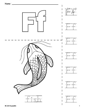 Free printable fish coloring page and letter tracing worksheet, letter f worksheet for preschool, pre-k, and kindergarten, PDF