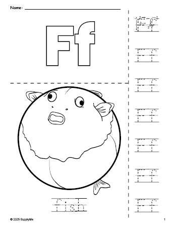 Free printable fish coloring page and letter tracing worksheet, letter f worksheet for preschool, pre-k, and kindergarten, PDF