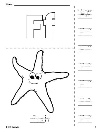 Free printable fish coloring page and letter tracing worksheet, letter f worksheet for preschool, pre-k, and kindergarten, PDF